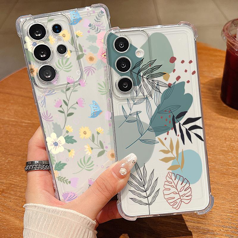 Чехол для телефона с цветочным узором и листьями для Samsung Galaxy S26 S25 S24 S23 Ultra S22 S26 Plus S21 S24 S25 FE, прозрачный, противоударный, мягкий чехол