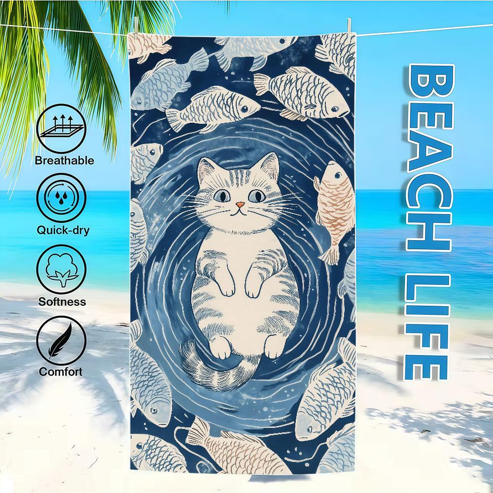 Fish Towel Textile Bathrobe Beach Pattern Quick-Drying Funny Cat Lightweight Portable Retro Camping Swim Pool Travel