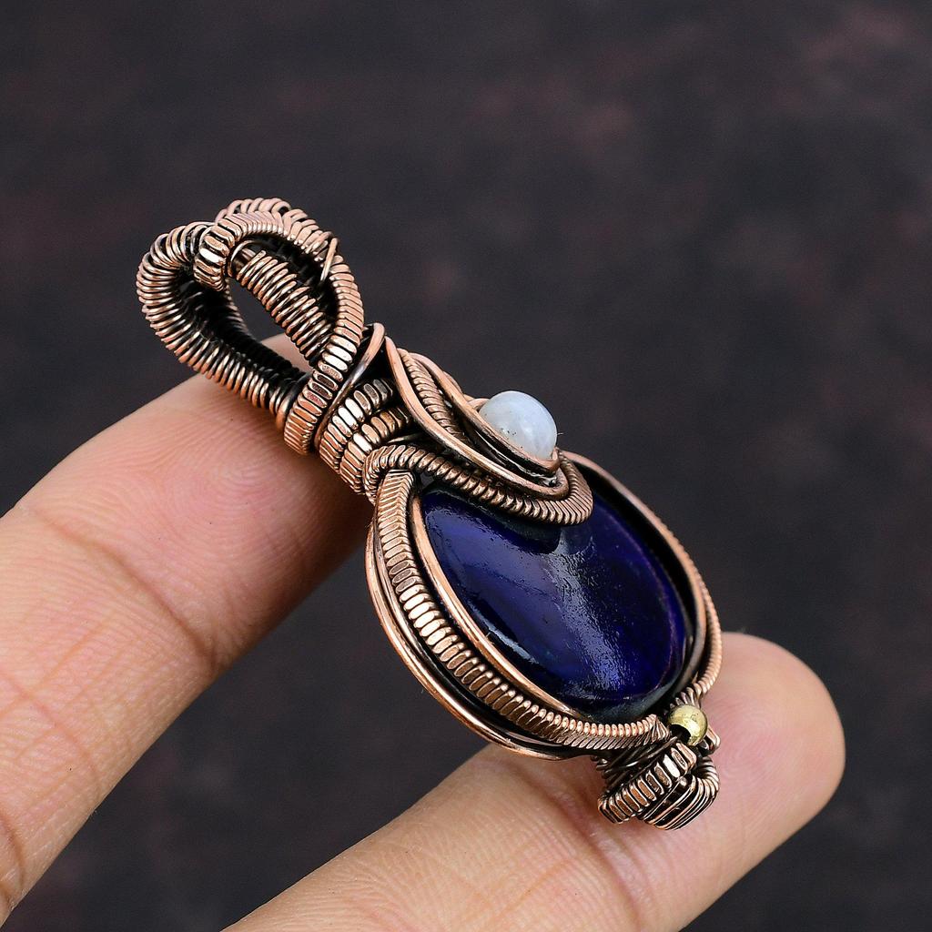 Подвеска из лабрадорита с синим огнем, подвеска из медной проволоки, подвеска из радужного лунного камня, медные ювелирные изделия ручной работы, подарок для мамы, подвеска с драгоценным камнем