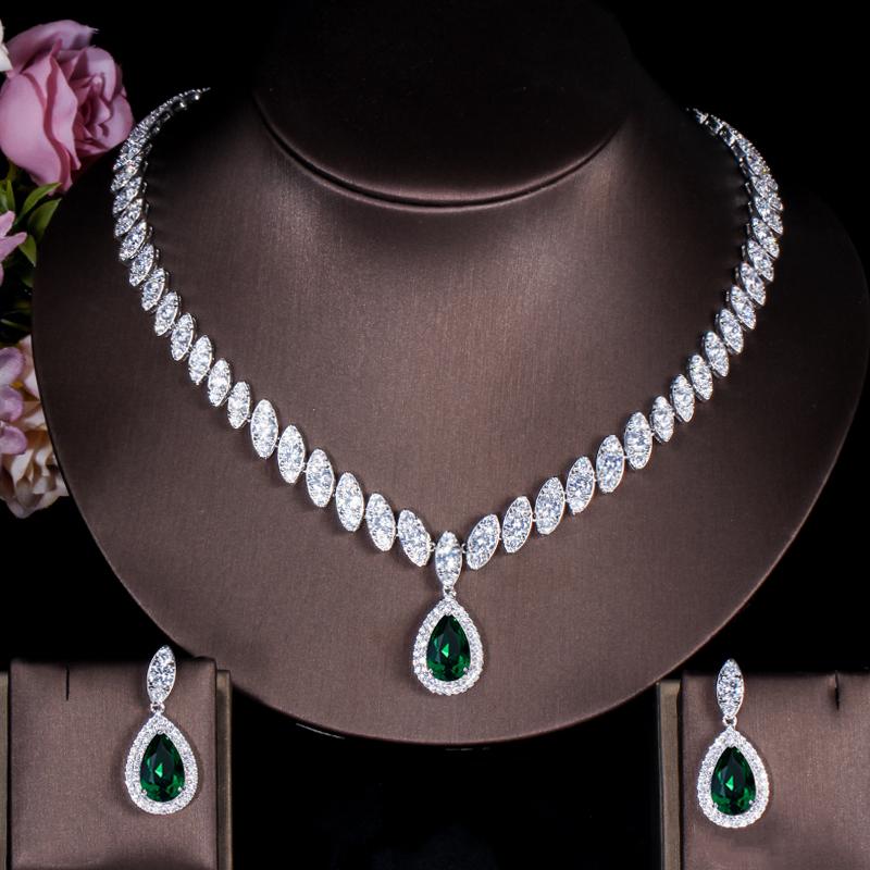 CMM 2PCS Engagement Water Drop Cubic Zirconia Pendant Necklace Set Earrings