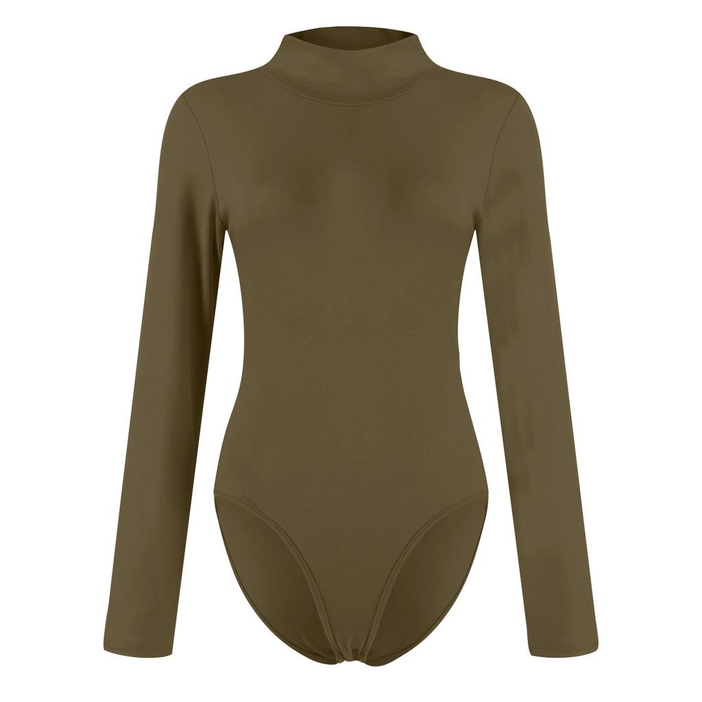 Женская цельная футболка, тонкий комбинезон с длинными рукавами и высоким воротом, однотонный топ