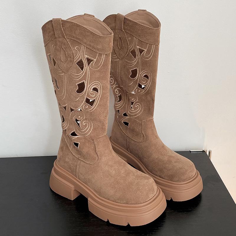 Fashion AVintage Hollow Out Women Western Cowboy Boots Fashion Slip On Thick Bottom Shoes Spring Autumn Knight Botas