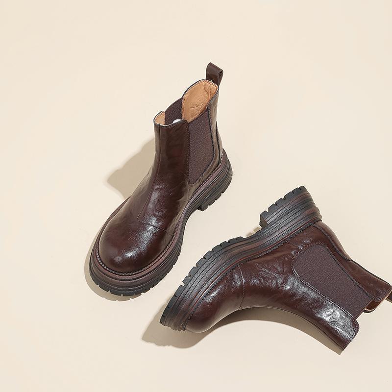 Женские ботильоны челси из кожи, прилегающие к ноге, на толстой подошве, в ретро британском стиле, осенне-зимний стиль, эластичные ботинки на одну ногу