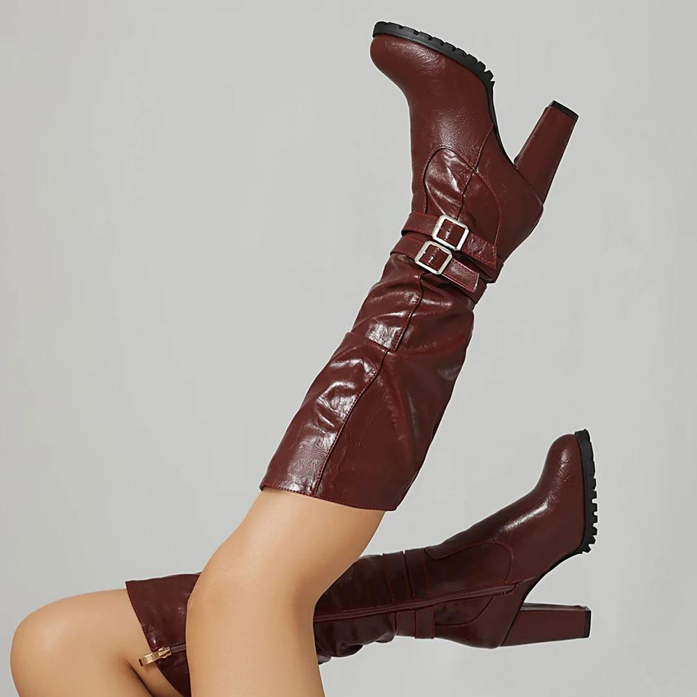 Fashion 2025 Autumn and Winter New Women Boots High Heels Knight Boots Fashion Retro Belt Buckle Knee High Boots Female Size 32-46