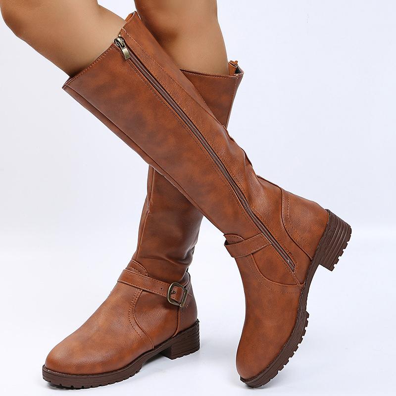 Vintage Brown Women Knee High Boots Big Size Low Heels Platform Long Boots Autumn Winter Pu Leather  Women Warm Booties