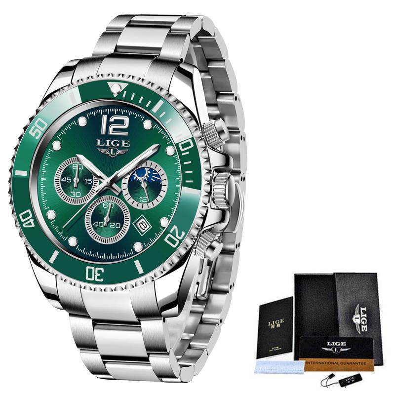 LIGE Top Brand Luxury Men Watch Business Stainless Steel Quartz Wristwatches Luminous Waterproof Watch for Men Clock Gift+Box