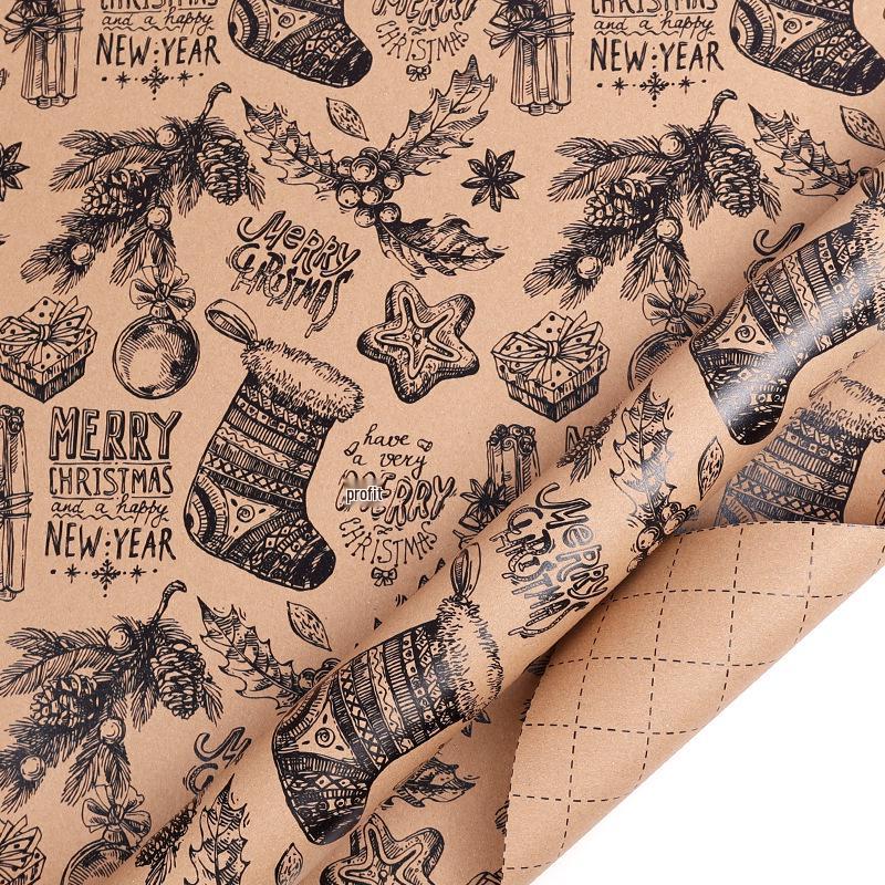 Праздничная подарочная бумага с рисунком черной сосновой шишки и колокольчика