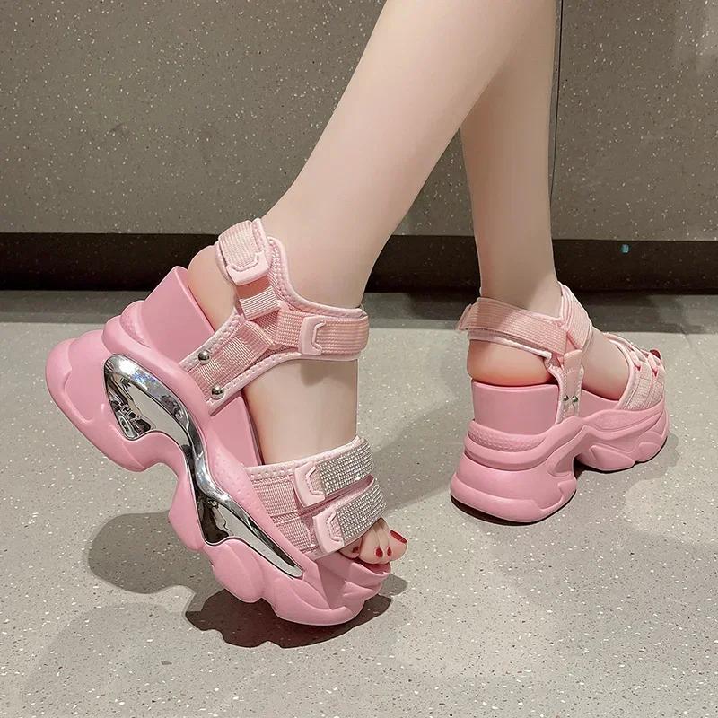 Summer High Platform Women Sandals Buckle 10CM Wedges Bling Shoes Fashion 2025 Outside Chunky Sandals Beach Casual Slides Woman