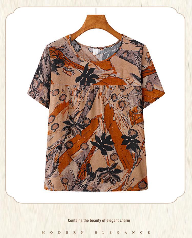 Женский летний комплект из двух предметов с коротким рукавом - Легкие брюки длиной девять десятых, идеально подходит для повседневной домашней одежды, идеален для мам среднего и пожилого возраста