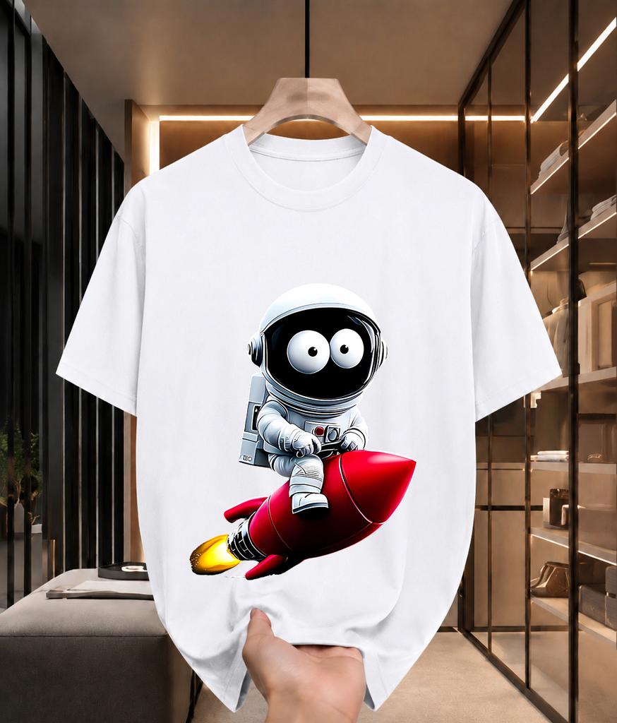 2026 New 100 Cotton Tshirt Cartoon Big Eyes Astronaut Riding Red Rocket Graphic Print Unisex Trendy Tee Casual Short Sleeve