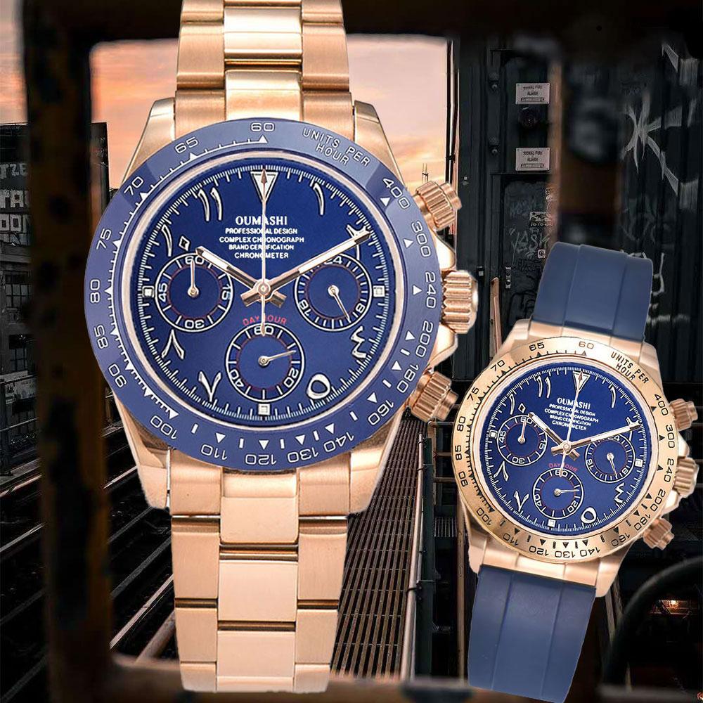 39mm Men's Watch VK63 Movement Quartz Chronograph Sapphire Glass Blue Arabic Dial Luxury Business Men Waterproof Watch