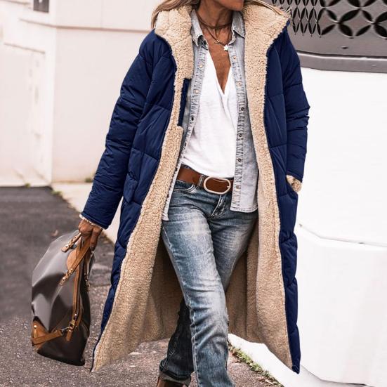 Женское зимнее длинное пальто с капюшоном и длинными рукавами, флисовая подкладка, верхняя одежда, карманы на молнии, двусторонняя одежда, длинный пуховик