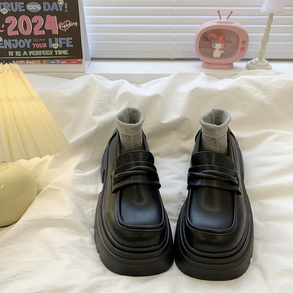 French Platform Thick Heel British Style Small Leather Shoes Women's 2025 New Spring and Autumn One-pedal Single Shoes Black Loafers