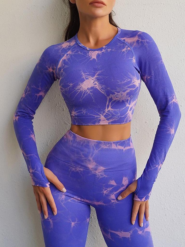 Женский комплект для йоги в стиле тай-дай: Дышащие, приподнимающие бедра спортивные брюки и топ с длинными рукавами для фитнеса осенью/зимой