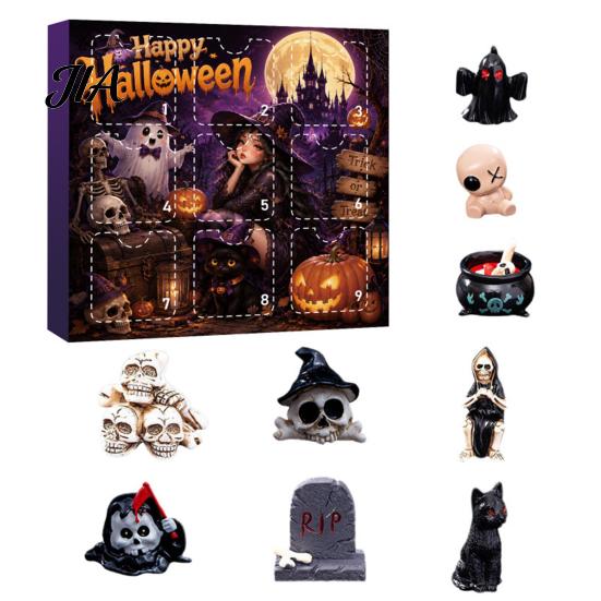 Halloween Countdown Calendar Advent with 9 Mini Resin Figures, Day Spooky Home Table Decor to Calendar, Surprise Collectible Ornaments for Adults Boys