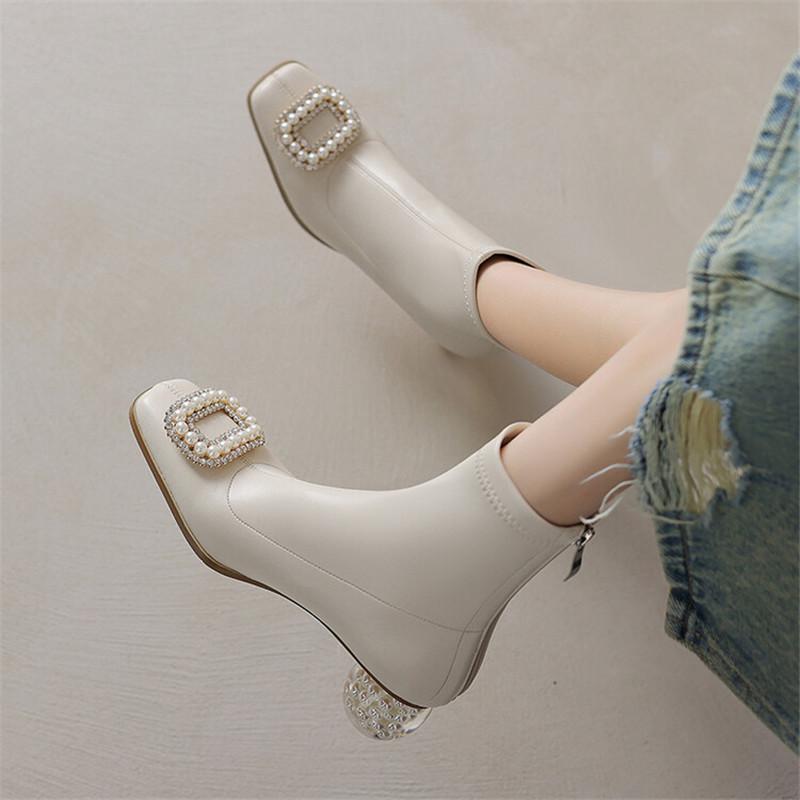 Модные новые осенне-зимние женские ботинки из искусственной кожи, короткие ботинки, модные жемчужные, с квадратным носком, эластичные ботинки для женщин, на высоком каблуке, женская обувь