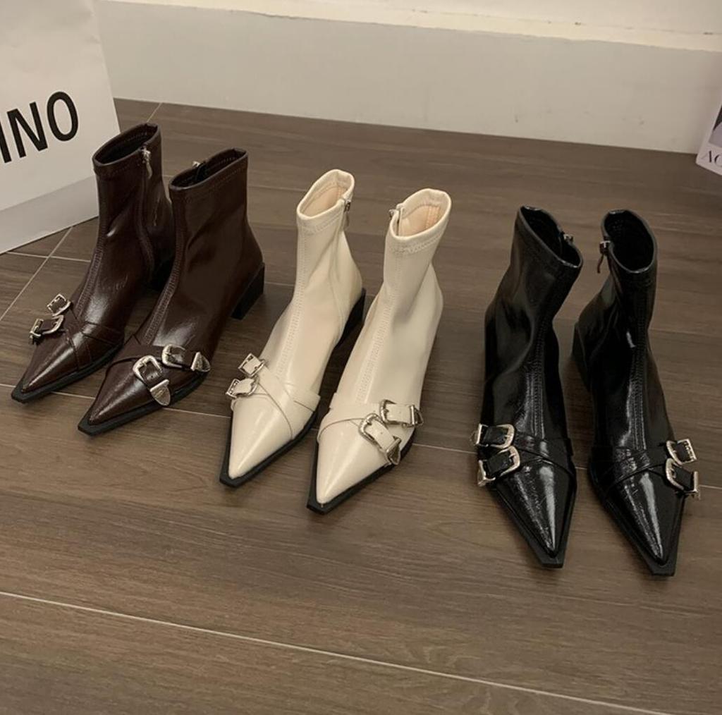 Fashion Fashion Belt Buckle Designer Pointed Toe Women Ankle Boots Fashion Thick Heel Slimming Short Booties Autumn Winter Female Shoes