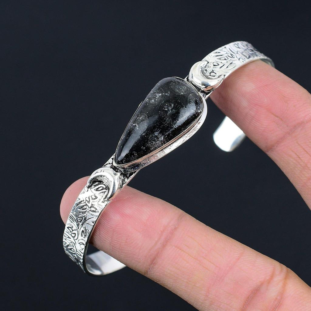Черный ископаемый коралл драгоценный камень стерлинговое серебро полумесяц браслет-манжета для жены