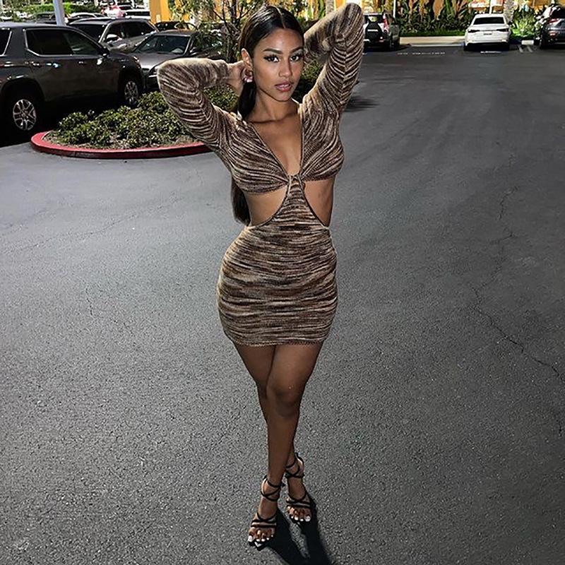 JH5906 Женское сексуальное платье в европейском и американском стиле с V-образным вырезом и длинными рукавами в рубчик