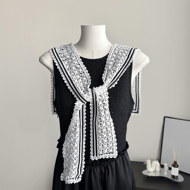 Women Fake Collar Hollow Out Knit Lace Tie Knot Front Capelet Tops Half Shirts T8NB