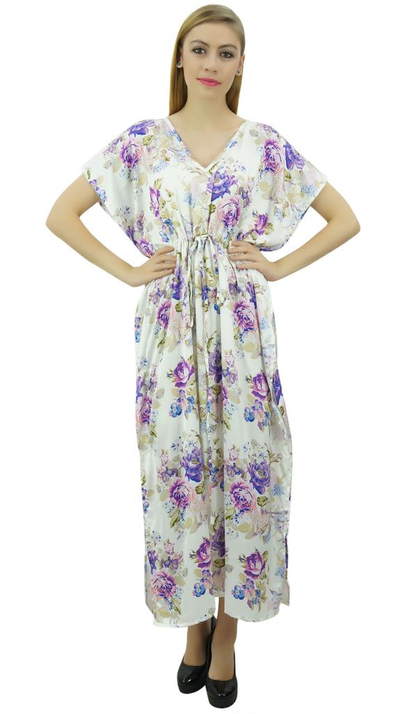 Bimba Женское длинное платье-кафтан с завязками и белым цветочным принтом для подготовки к празднику -
