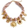 Yhpup Polyester Cloth Wrap Beads Flower Cross Sun Drop Charm Pendant Necklace Stainless Steel Handmade Statement Fashion Jewelry