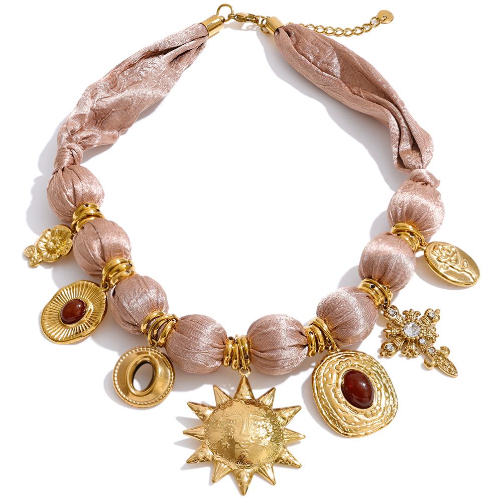 Yhpup Polyester Cloth Wrap Beads Flower Cross Sun Drop Charm Pendant Necklace Stainless Steel Handmade Statement Fashion Jewelry
