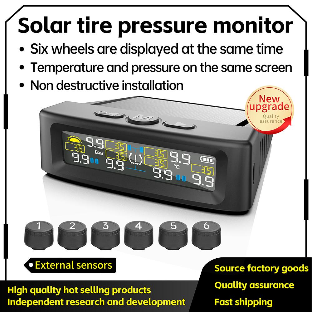 6-Wheel Solar TPMS Car Tire Pressure Alarm with 6 External Sensors Waterproof Digital Tyre Pressure Temperature Warning for Truck RV Van Tractor