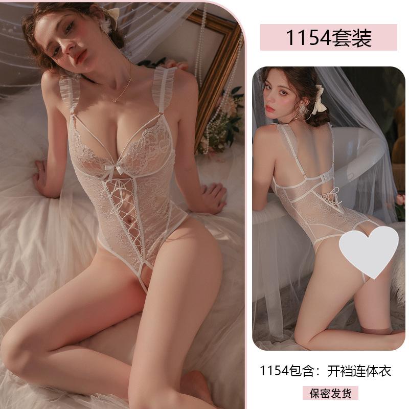 Original Erotic Underwear, Pure Desire one-piece Dress, Women's Lace Seductive pajamas, Open crotch thinparency, no-take uniform 1154