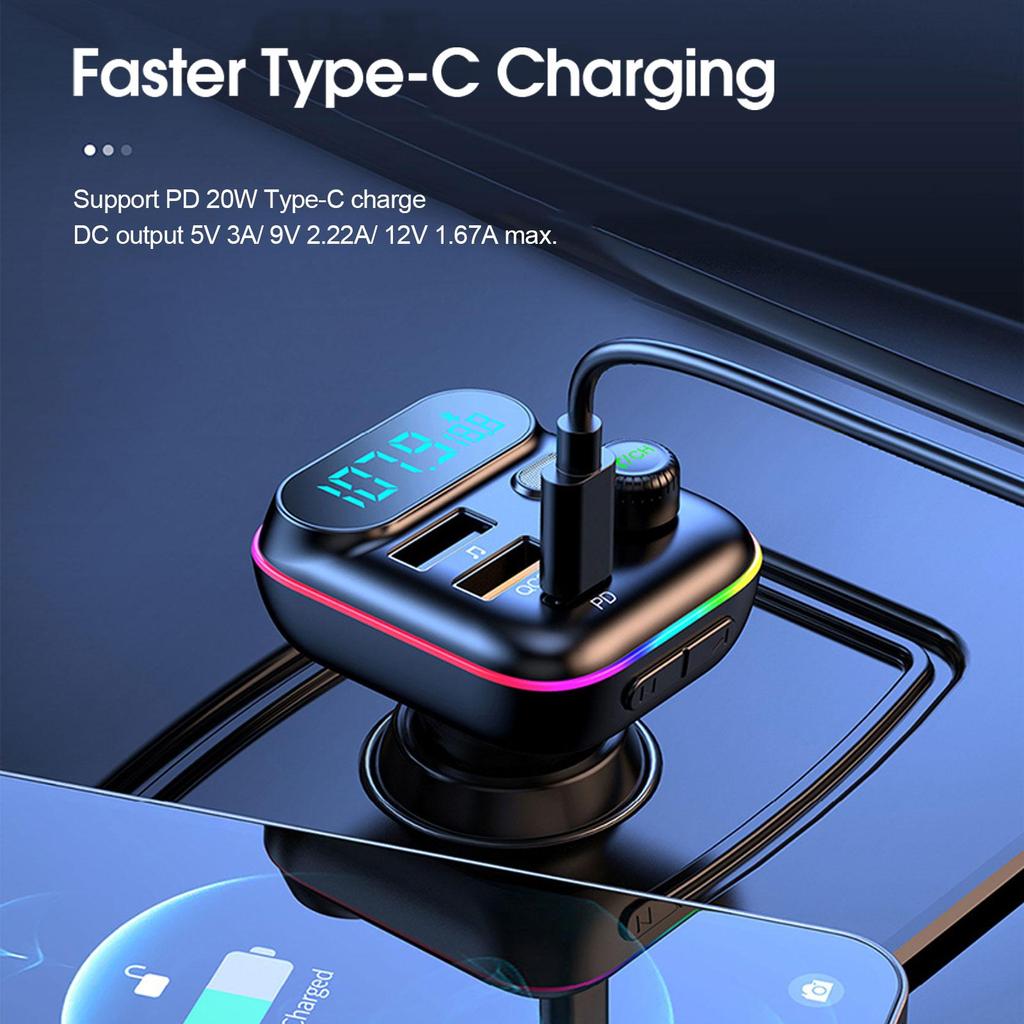 Автомобильное ЗУ PD 18W QC3.0 Быстрая зарядка Bluetooth 5.0 FM-трансмиттер Двойной плеер Музыка Type-C Цветная подсветка MP3 Прикуриватель