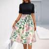 Women's Fashion Casual Belt Short Sleeve Round Neck Floral Elegant Temperament Dress