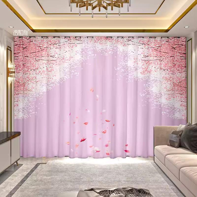 2Panel Peach Blossom Landscape Painting Curtain Chinese Curtain for Girls Bedroom Luxury Living Room Floor-to-ceiling Window