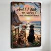 Dogs At Beach Sunset Metal Tin Sign Vintage Wall Decor for Home Garden Office Man Cave Bar, Art by Harri, "What A Wonderful Worl