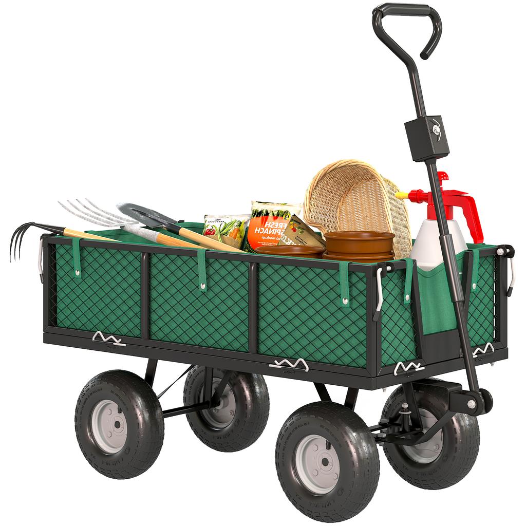 114L Steel Garden Cart with Tool Bag and Removable Sides, 105x51x54 cm, Green