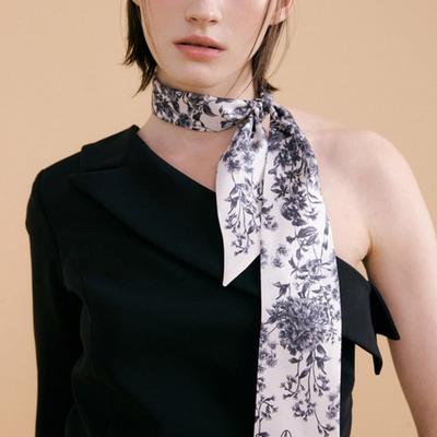 AVVINA PELLE Le Jardin Long Twilly Silk Scarf - Charcoal/Ivory