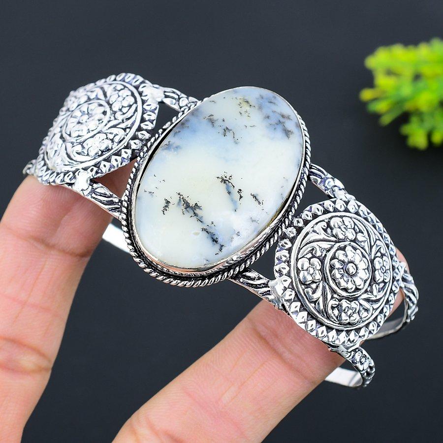 Натуральный дендритовый опал, драгоценный камень, браслет-манжета из стерлингового серебра 925 пробы, регулируемый i1I16