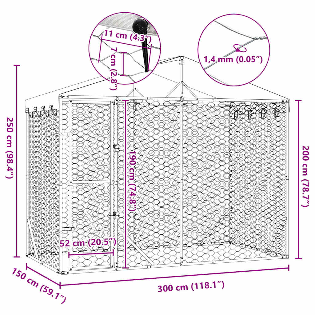 Outdoor Dog Kennel with Roof Silver 3 x 1.5 x 2.5 m Galvanized Steel