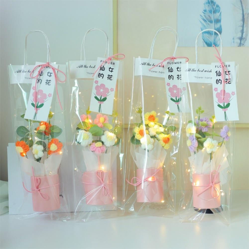 Exquisite Handmade Hand Knitted Flowers With Light String Bucket Bouquet  Home Decoration