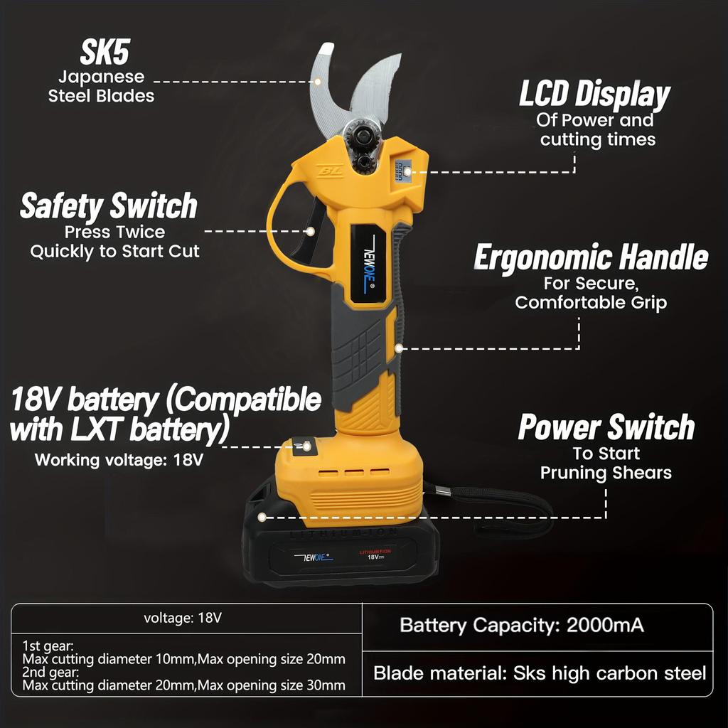 NEWONE Беспроводные ножницы 18 В с ЖК-дисплеем, совместимые с аккумулятором LXT, максимальный диаметр резки: 30 мм, регулировка переключателя на 2 скорости