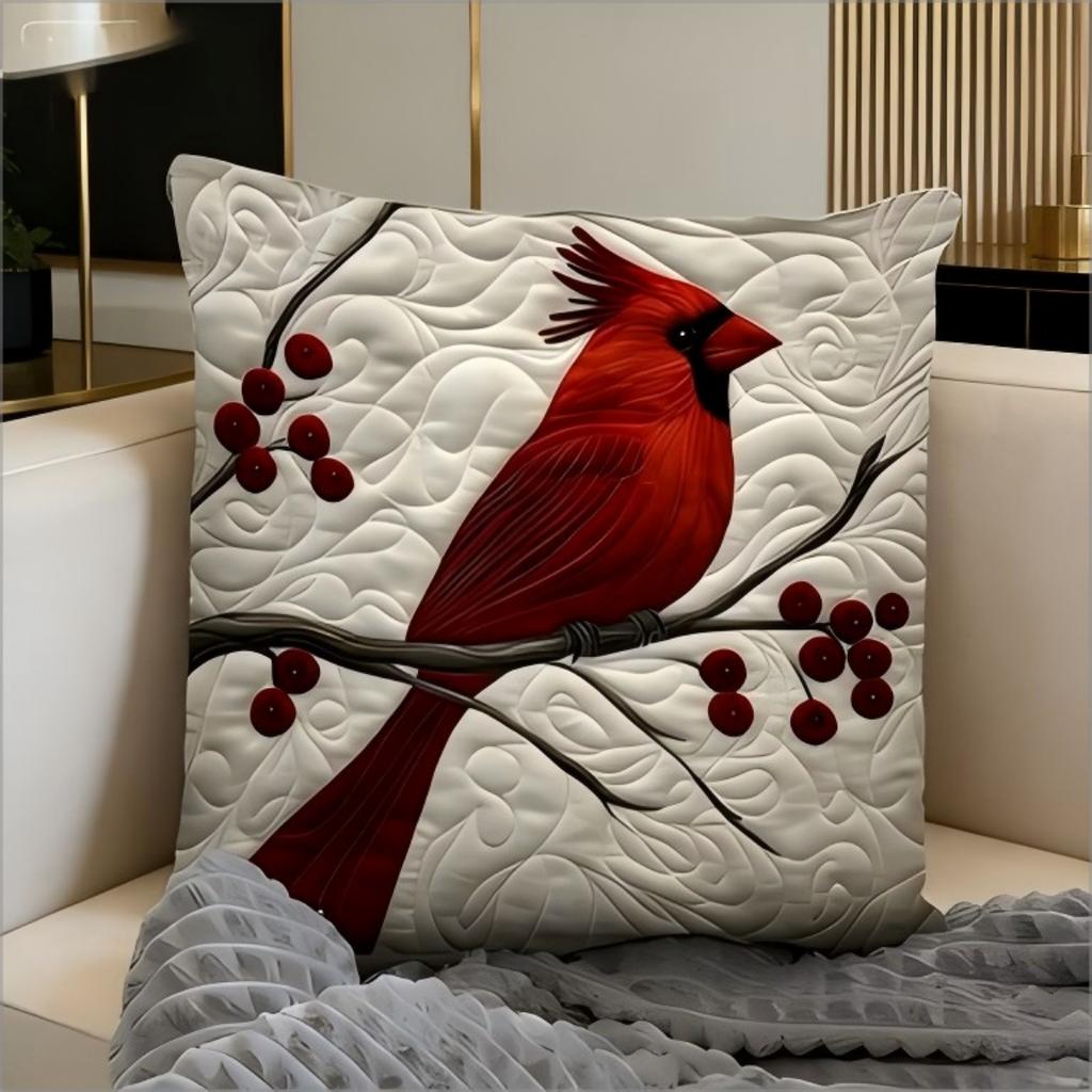 2D Quilted Red Cardinal Bird Pillow Cover Winter Berry Print Embroidered Look Cushion Case For Sofa Couch Home Decor