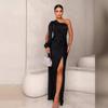2026 Womens Slash Neck Raglan Sleeve Pleated Fitted Slit Sexy Long Dress