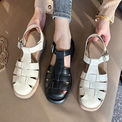 Мода 2024 Римские гладиаторские сандалии Женские вязаные кожаные туфли на низком толстом каблуке Тапочки Пляжные шлепанцы Женские сандалии с вырезами Mujer