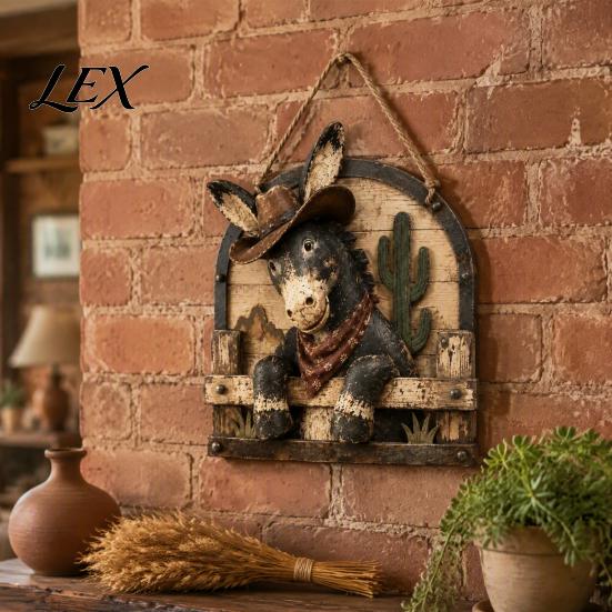 Rustic Wooden Hanging Sign Western Cowboy Donkey Sign, Farmhouse Wall Decor with Country Style Home Decoration Rope, Animal Pendant for Living