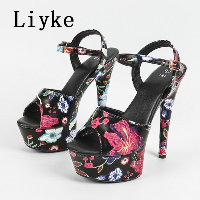 Fashion Liyke Brand Design Flowers Print Leather Platform Sandals Women Sexy Peep Toe 13CM Super High Heels Stiletto Party Banquet Shoes