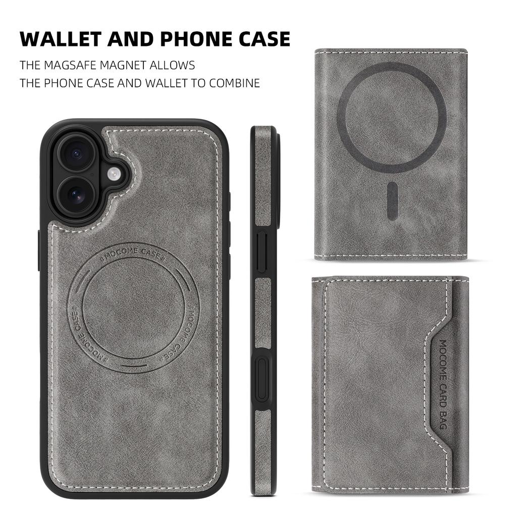 For iPhone 16 Plus Magnetic Case Leather Back Phone Cover with Detachable Card Bag