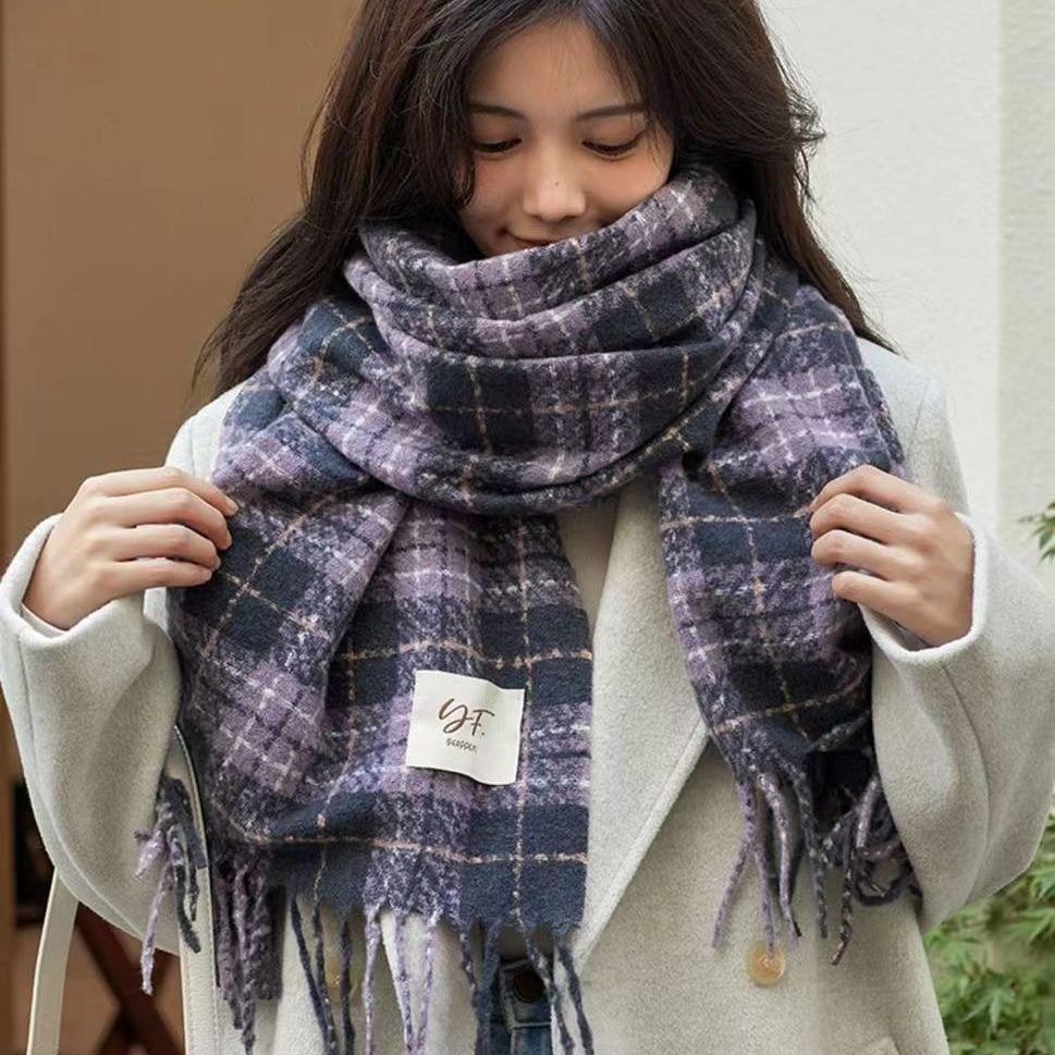 New Winter Korean Version Taro Purple High End Scarf Women's Versatile Plaid Shawl Soft Waxy Retro Warm Scarf Trendy
