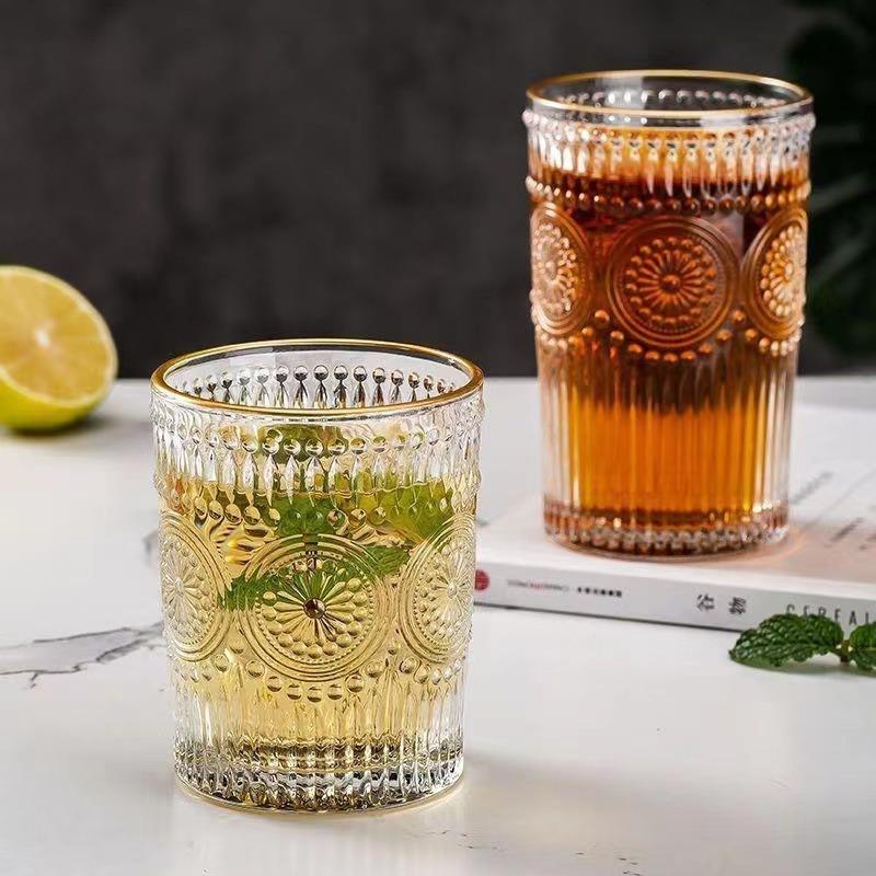 1pcs Golden Edge Sunflower Cup Embossed Glass Cup Water Cup Summer Ins Style Juice Drink Coffee  Beer Mug Transparent Water Cup