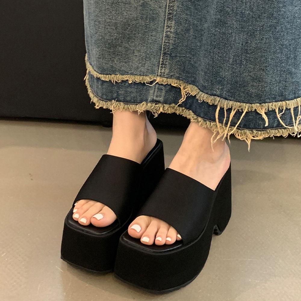Summer Punk Chunky Platform Mule Sandals For Women Thick Heel Black Leisure Women Shoes Casual Slipper Big Size 42
