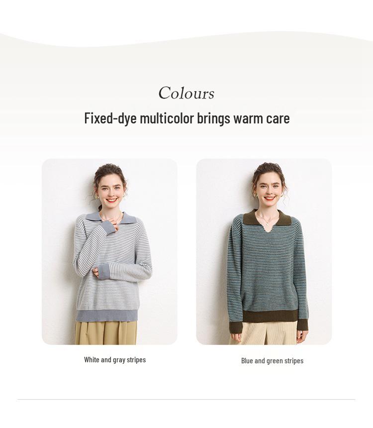 Women's Color-Block Lapel Knit Sweater: Loose Long Sleeve Stripe Base Layer for Autumn/Winter