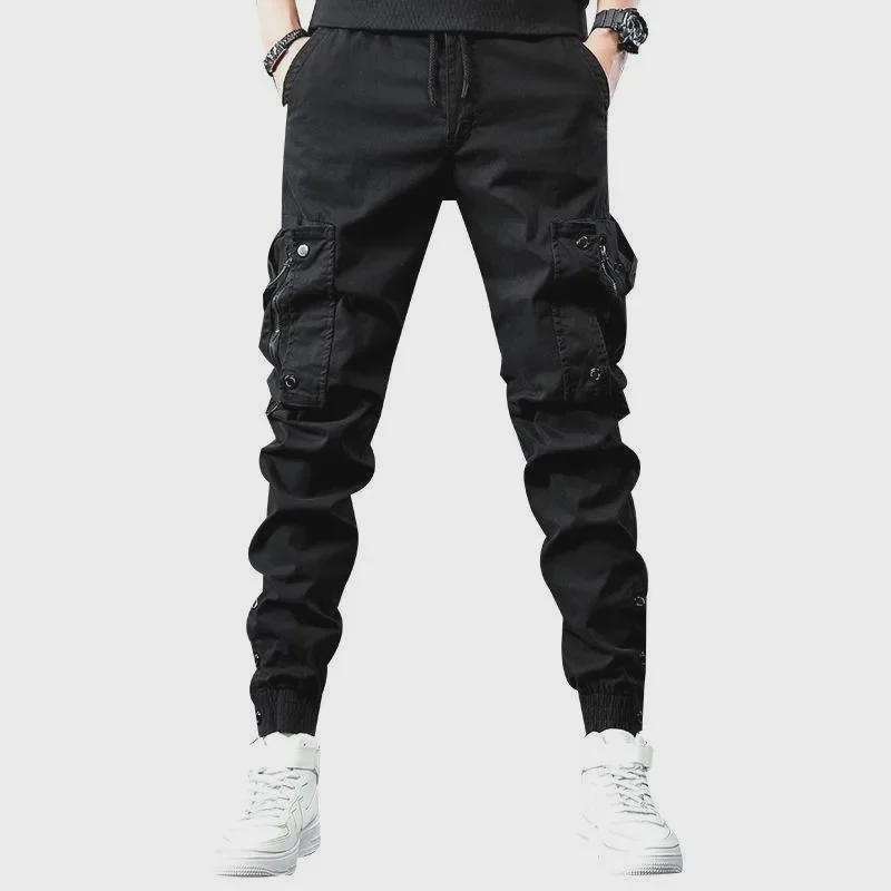 2024 Мужские облегающие брюки с зауженными штанинами и несколькими карманами на весну и осень - черные